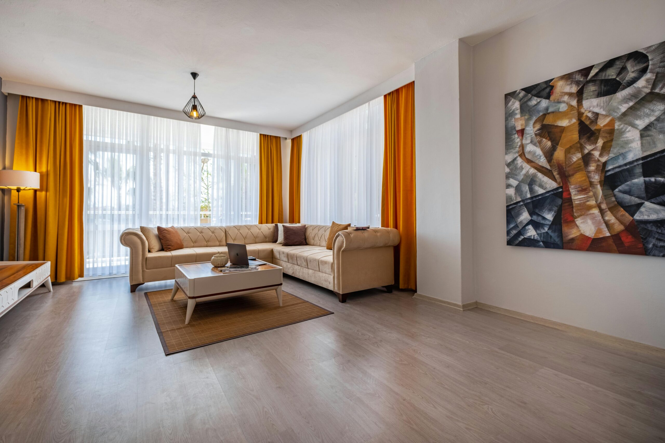 Bright living room in Antalya featuring modern design and striking artwork.